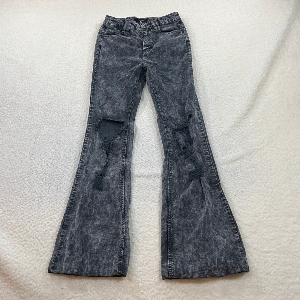 Forever 21 Corduroy Pants Womens Small Gray Acid Wash Distressed Flare Leg 7307
